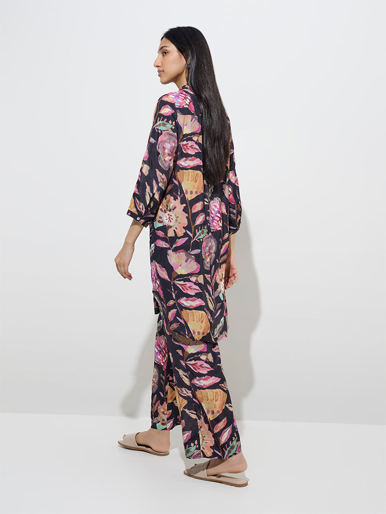 Utsa Black Botanical Design Straight Kurta