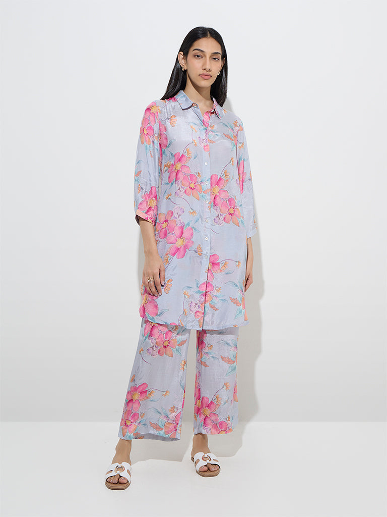Utsa Blue Floral Printed A-Line Kurta