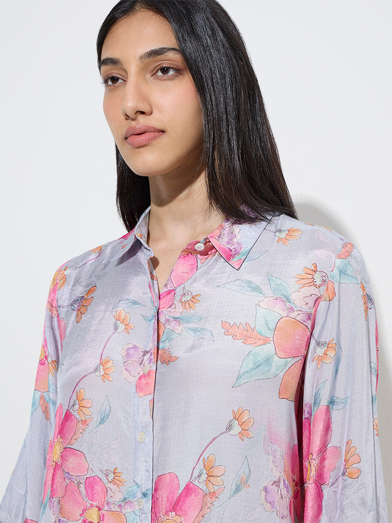Utsa Blue Floral Printed A-Line Kurta