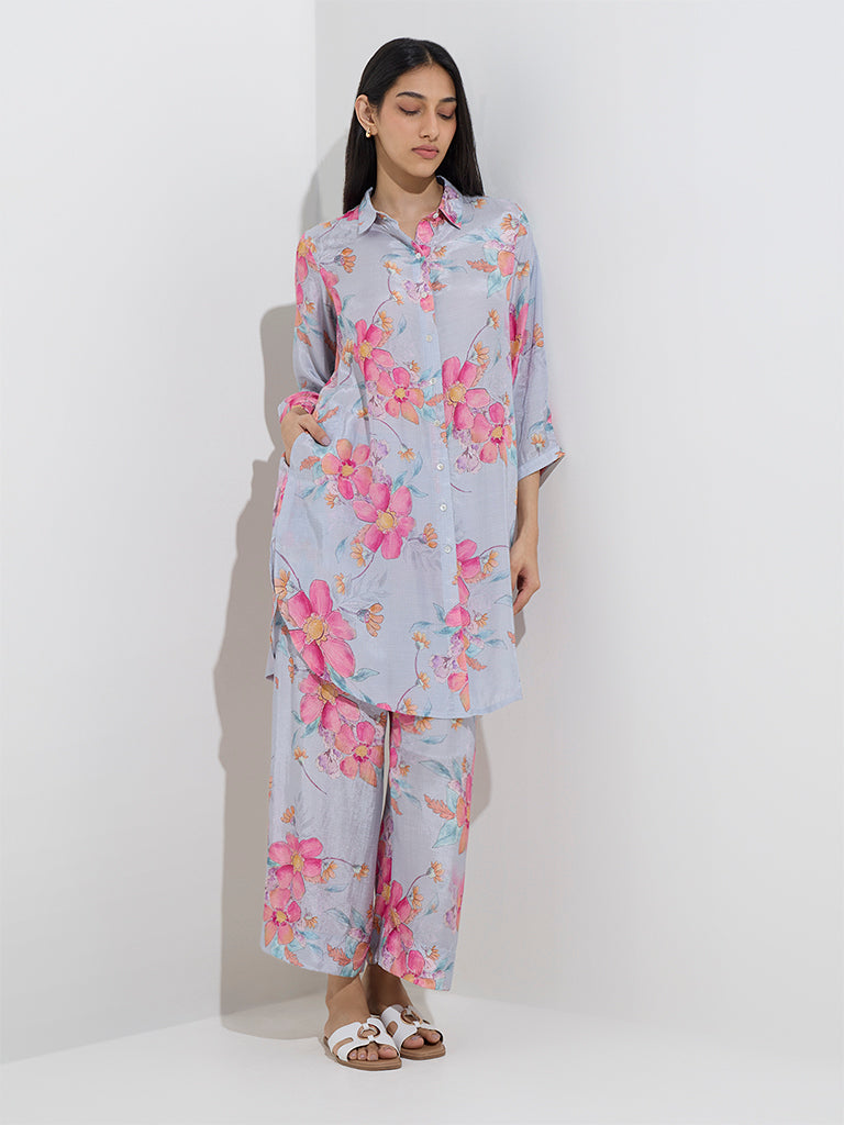 Utsa Blue Floral Printed A-Line Kurta