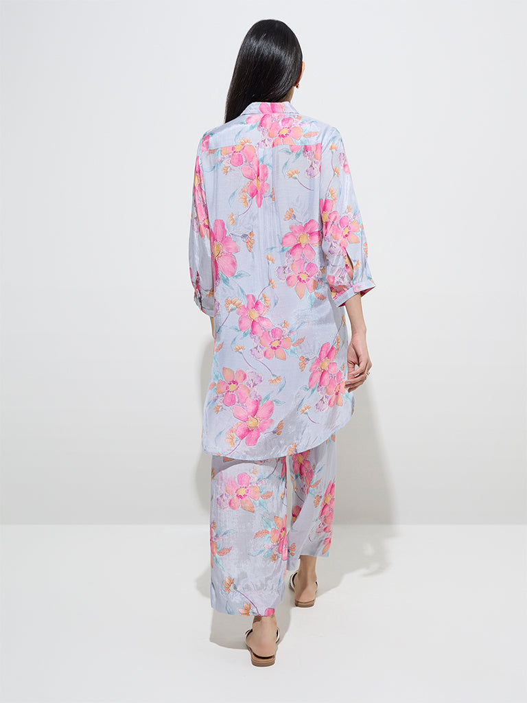 Utsa Blue Floral Printed A-Line Kurta