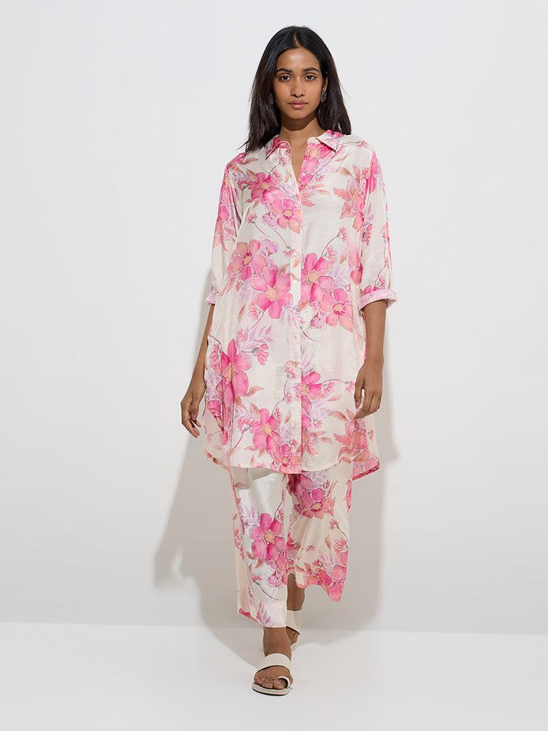 Utsa Multicolour Foliage Print A-Line Cotton Kurta