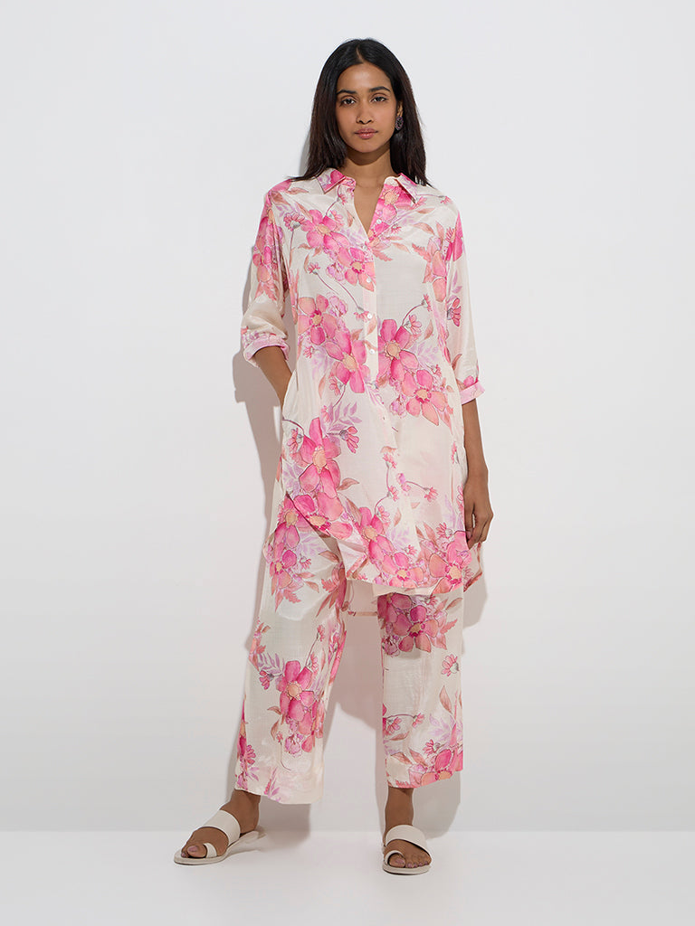 Utsa Multicolour Foliage Print A-Line Cotton Kurta