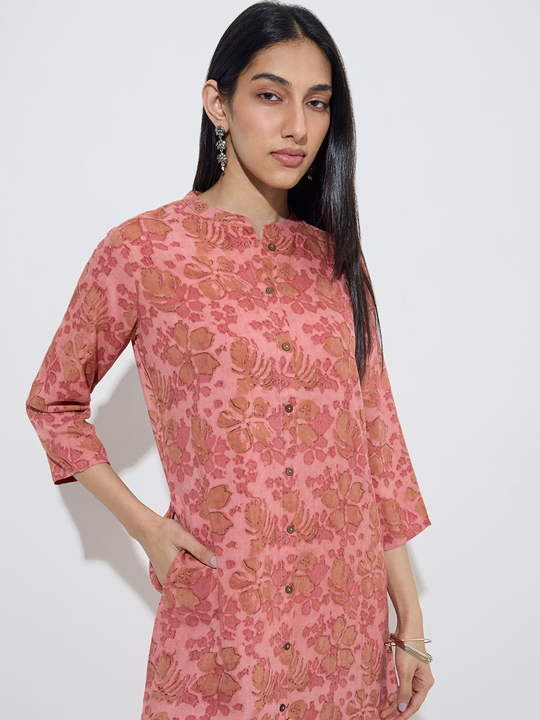 Utsa Pink Floral Design A-Line Kurta