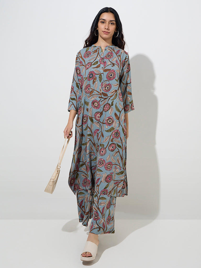 Utsa Light Blue Kalamkari-Printed A-Line Kurta