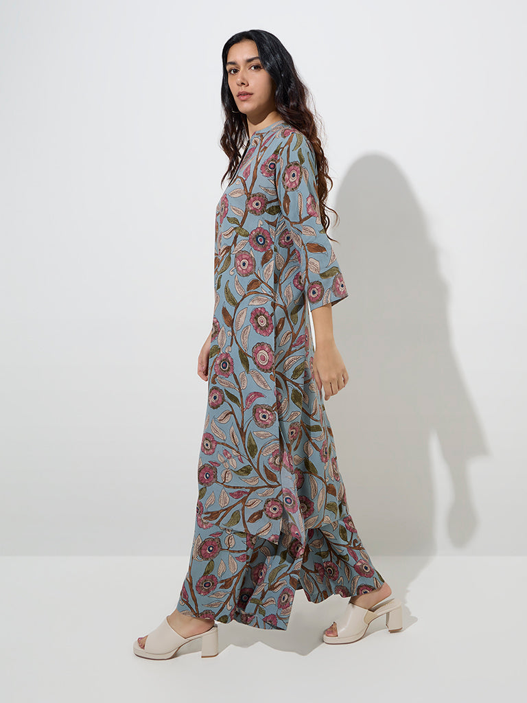 Utsa Light Blue Kalamkari-Printed A-Line Kurta