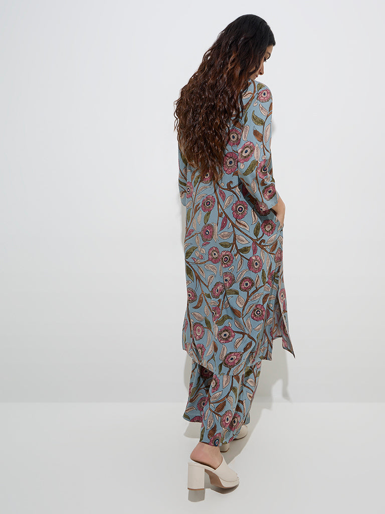 Utsa Light Blue Kalamkari-Printed A-Line Kurta