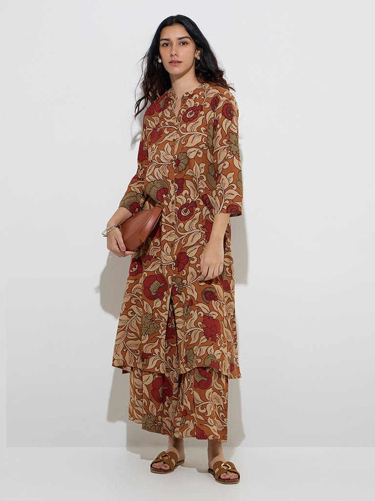 Utsa Brown Floral Printed A-Line Kurta
