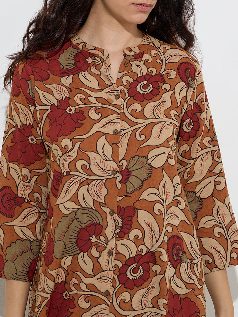 Utsa Brown Floral Printed A-Line Kurta