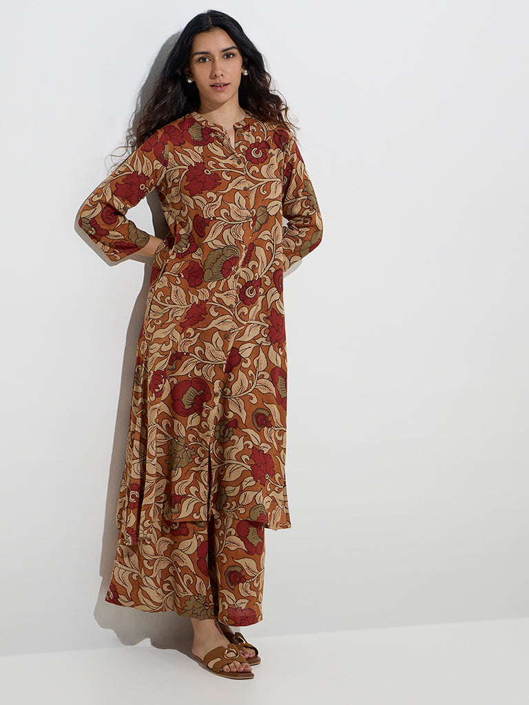 Utsa Brown Floral Printed A-Line Kurta
