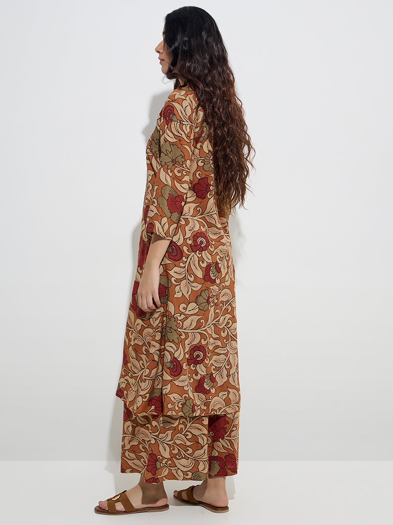 Utsa Brown Floral Printed A-Line Kurta