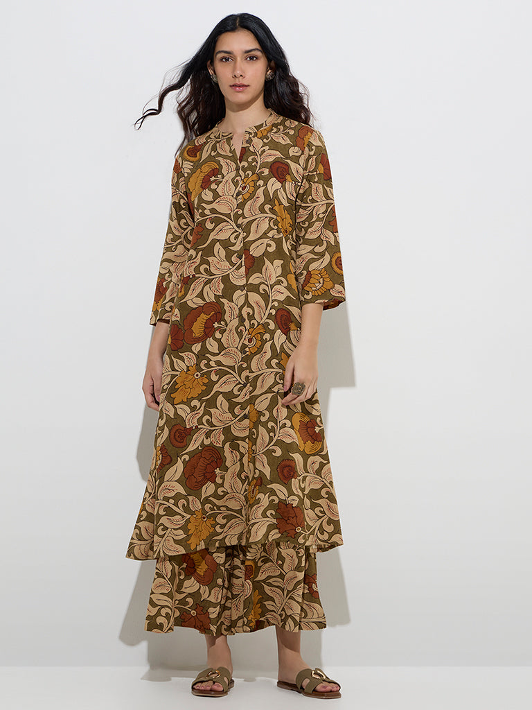 Utsa Olive Floral Printed A-Line Kurta
