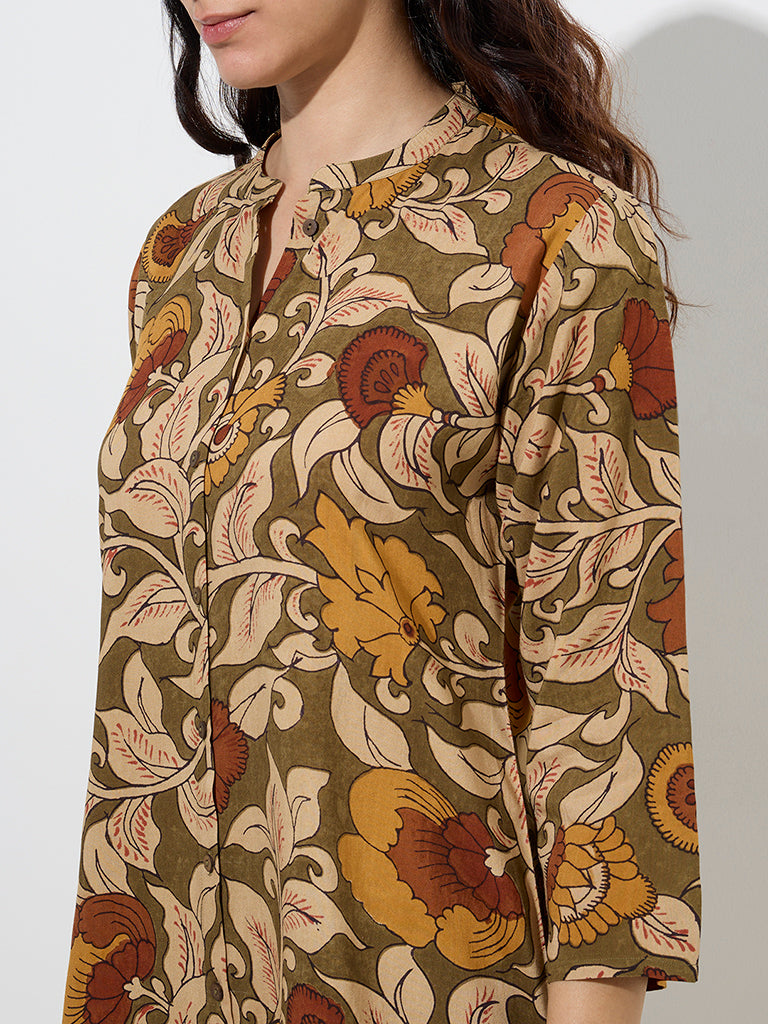 Utsa Olive Floral Printed A-Line Kurta