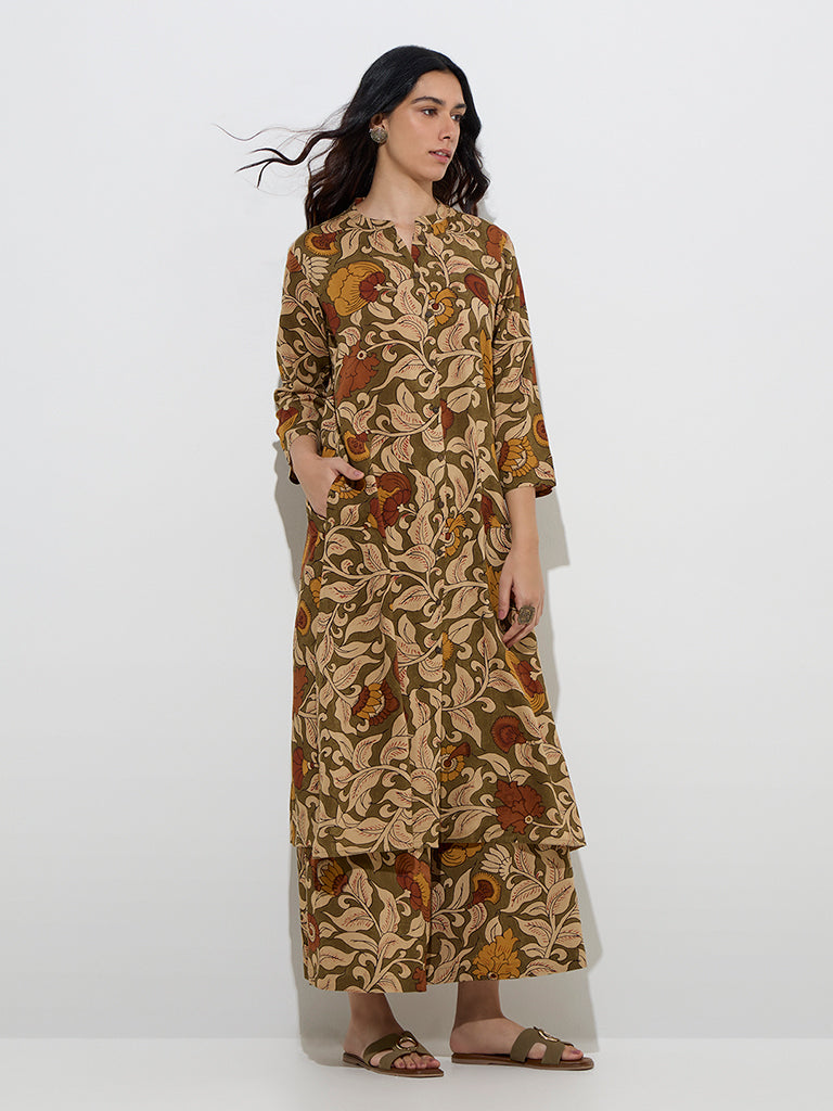 Utsa Olive Floral Printed A-Line Kurta