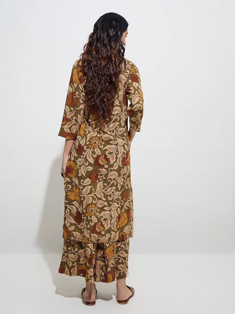Utsa Olive Floral Printed A-Line Kurta