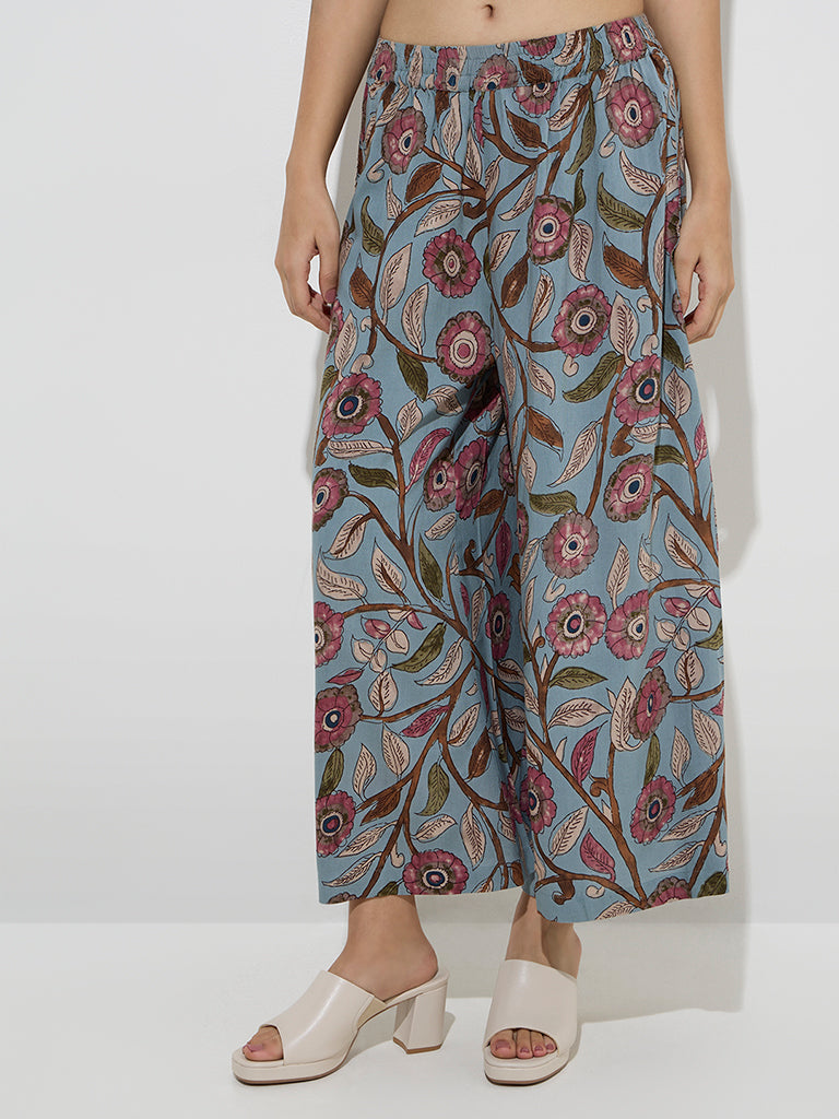 Utsa Light Blue Kalamkari-Printed Palazzos