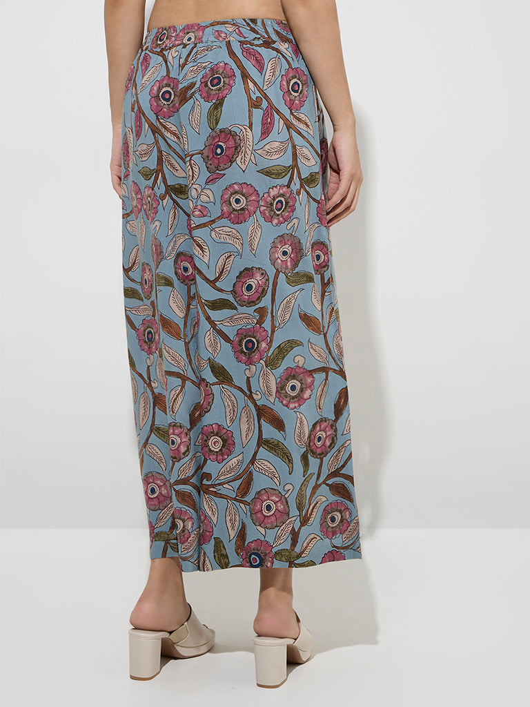 Utsa Light Blue Kalamkari-Printed Palazzos