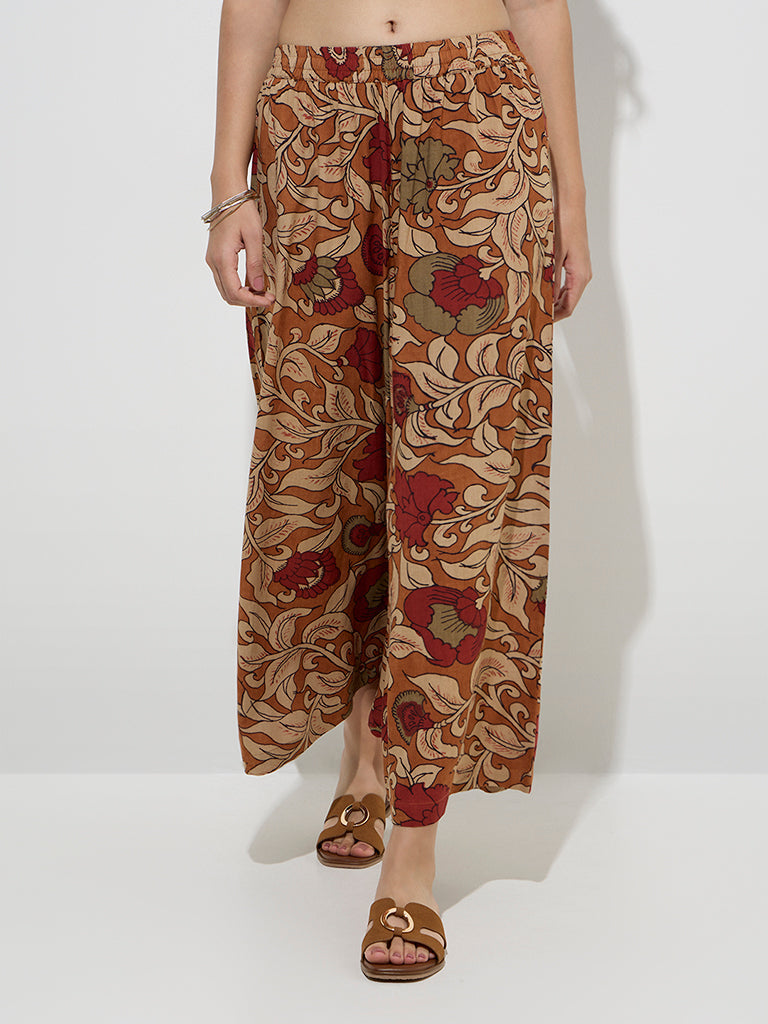 Utsa Brown Floral Printed Palazzos