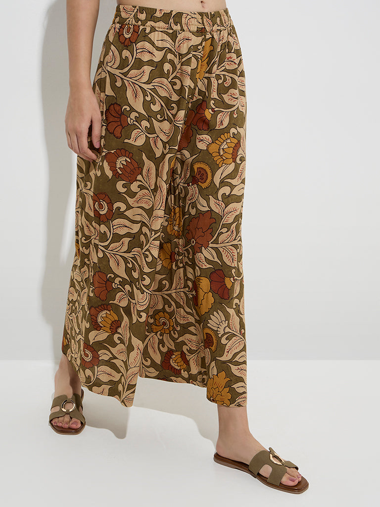 Utsa Olive Botanical Printed Palazzos