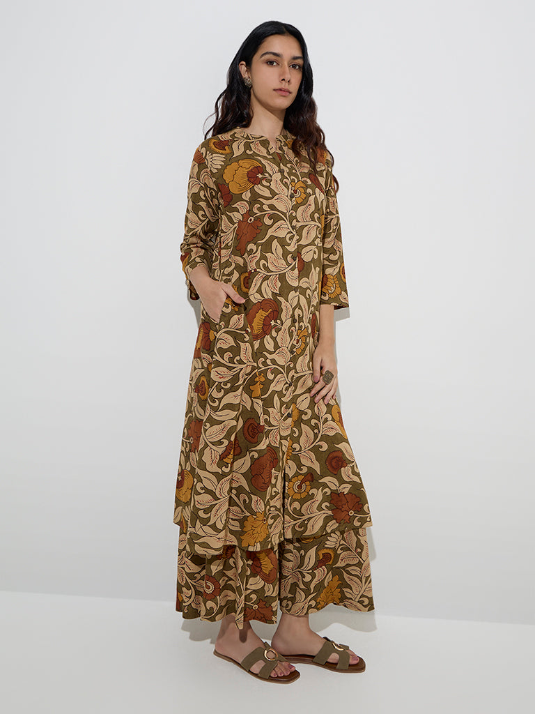 Utsa Olive Botanical Printed Palazzos