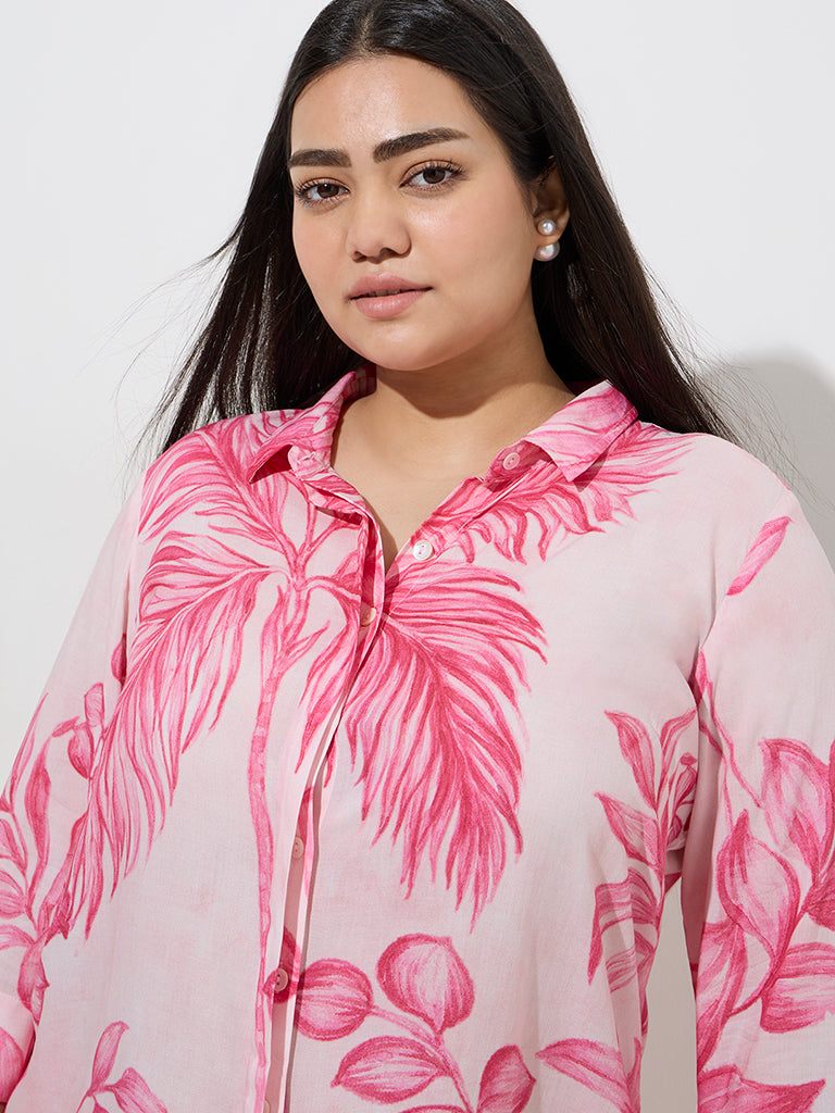 Diza Pink Foliage Printed High-Low Ethnic Tunic