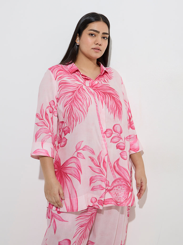Diza Pink Foliage Printed High-Low Ethnic Tunic