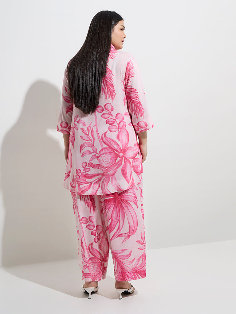 Diza Pink Foliage Printed High-Low Ethnic Tunic