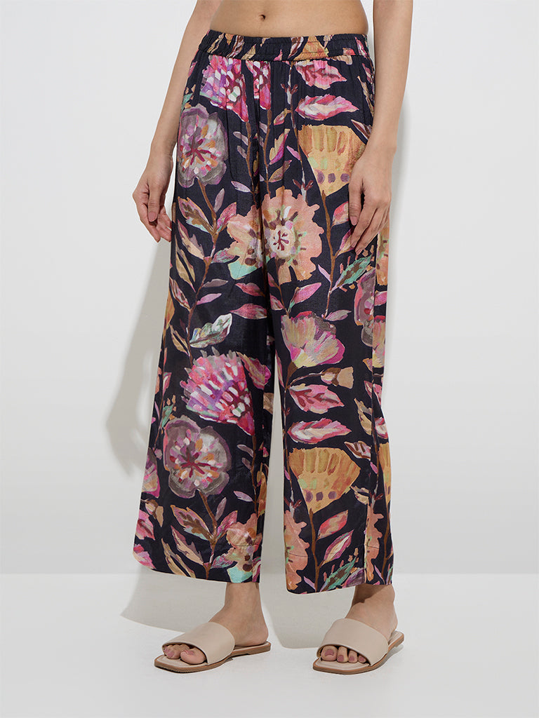 Utsa Black Botanical Design Mid-Rise Palazzos