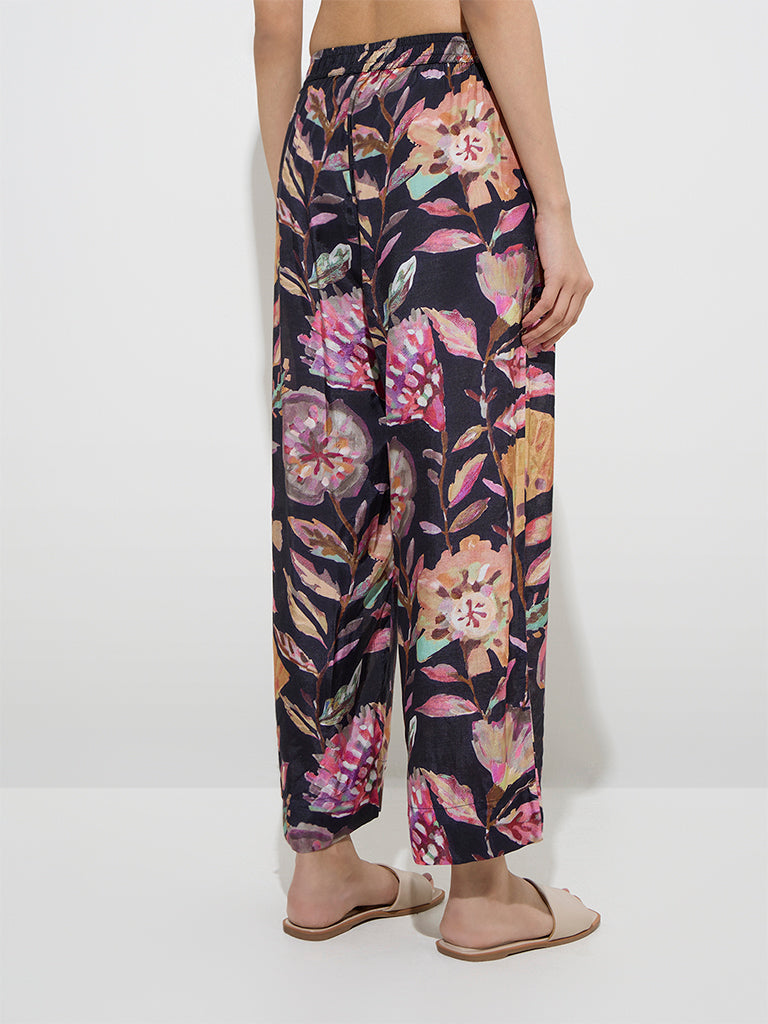Utsa Black Botanical Design Mid-Rise Palazzos