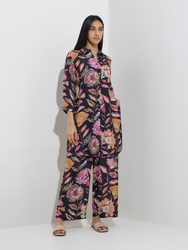 Utsa Black Botanical Design Mid-Rise Palazzos