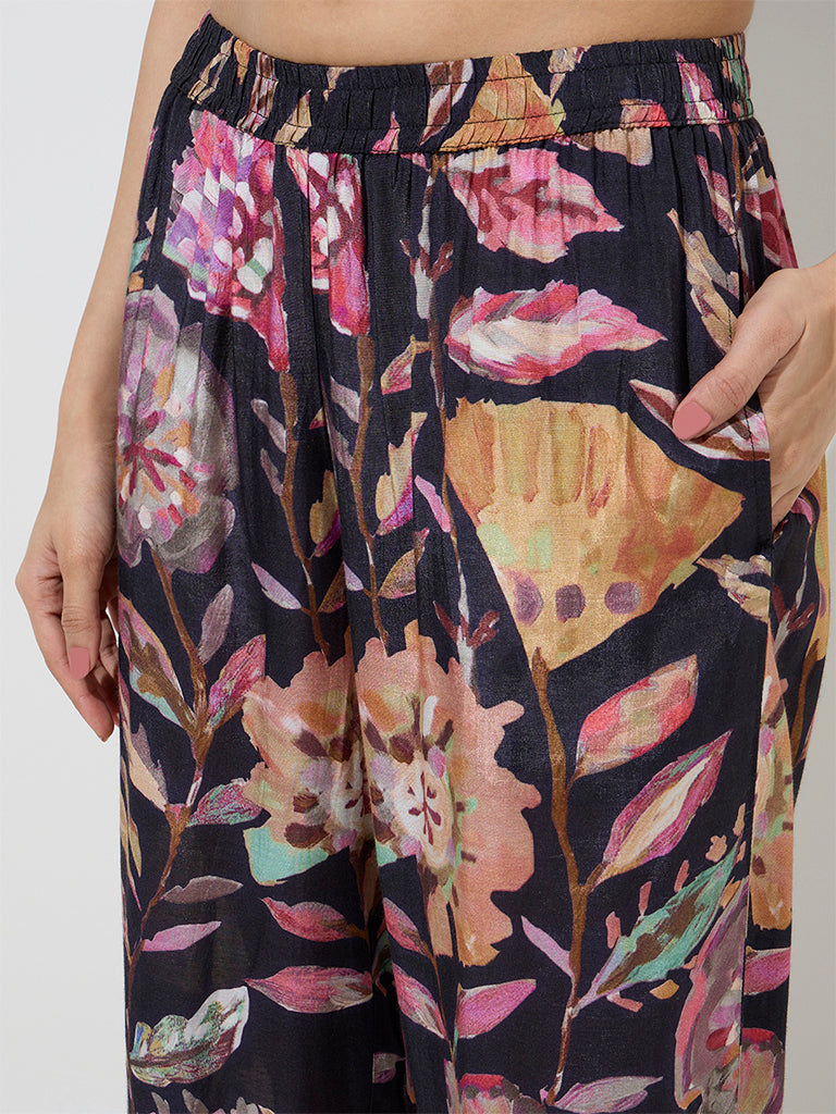 Utsa Black Botanical Design Mid-Rise Palazzos