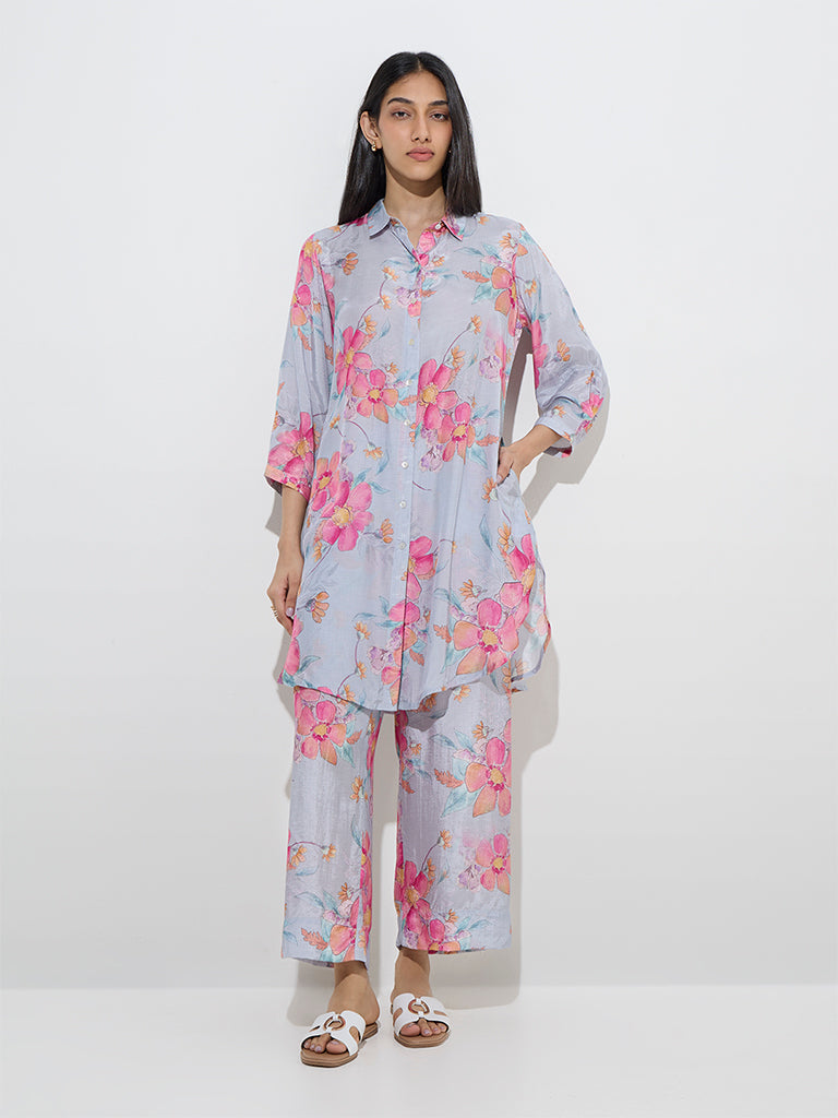 Utsa Blue Floral Design Ethnic Pants