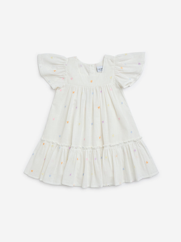 HOP Kids White Floral Design Cotton A-Line Dress