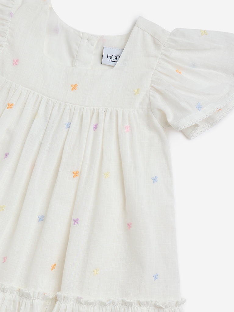 HOP Kids White Floral Design Cotton A-Line Dress