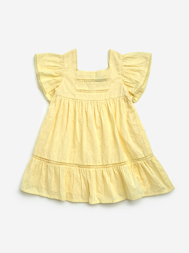 HOP Kids Yellow Floral Embroidered Cotton A-Line Dress