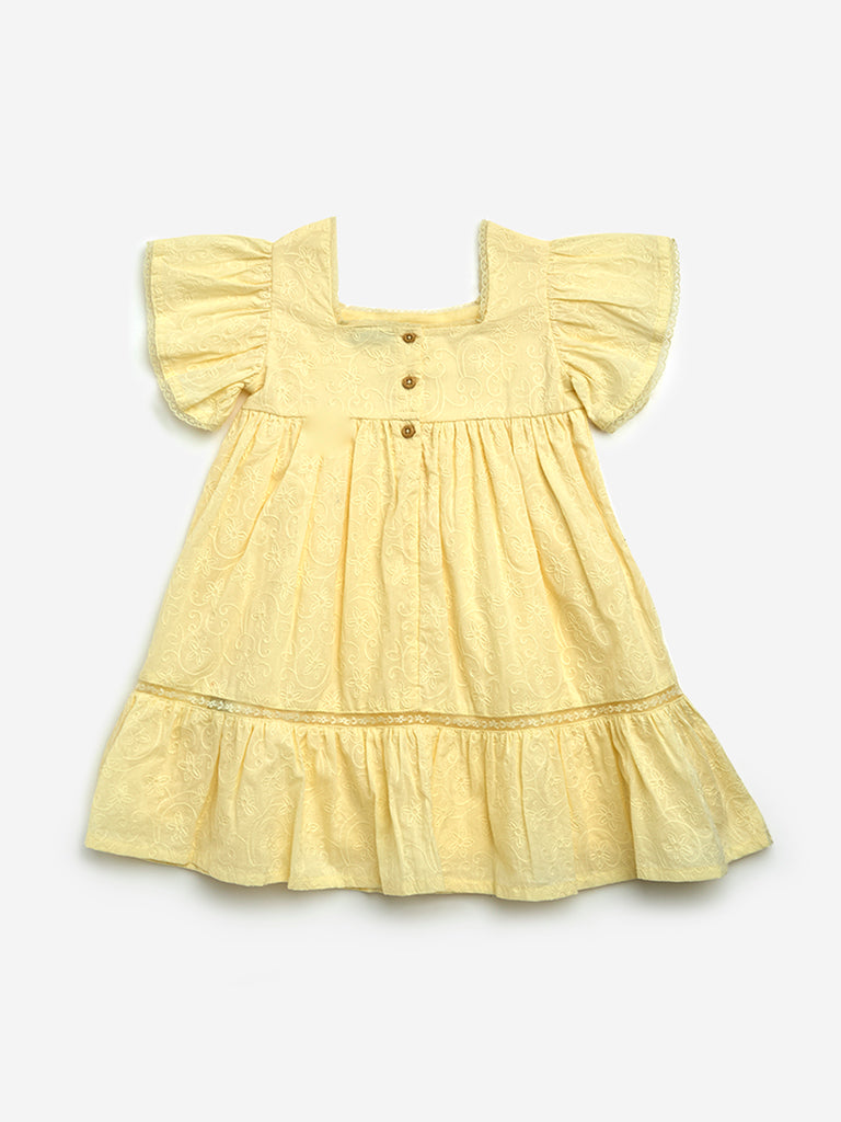 HOP Kids Yellow Floral Embroidered Cotton A-Line Dress