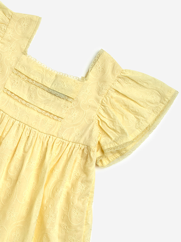 HOP Kids Yellow Floral Embroidered Cotton A-Line Dress