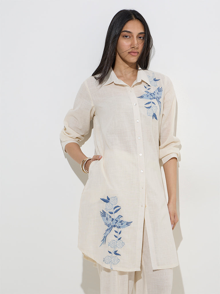 Utsa Off-White Nature-Inspired A-Line Cotton Kurta