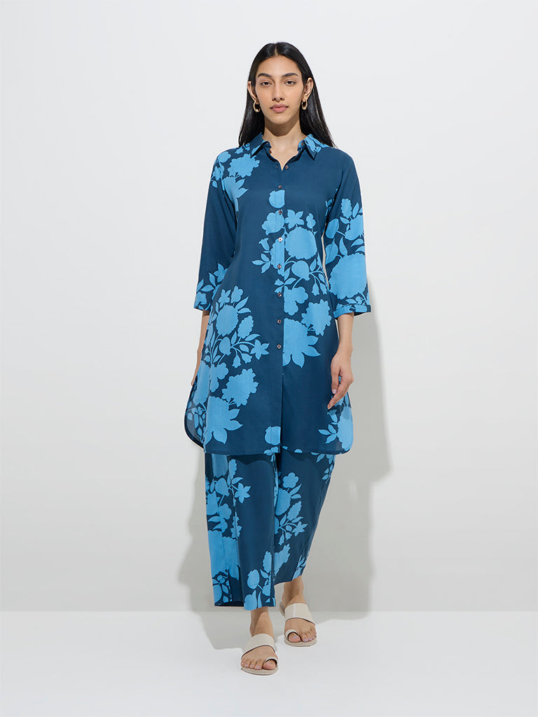 Utsa Indigo Floral Printed A-Line Kurta