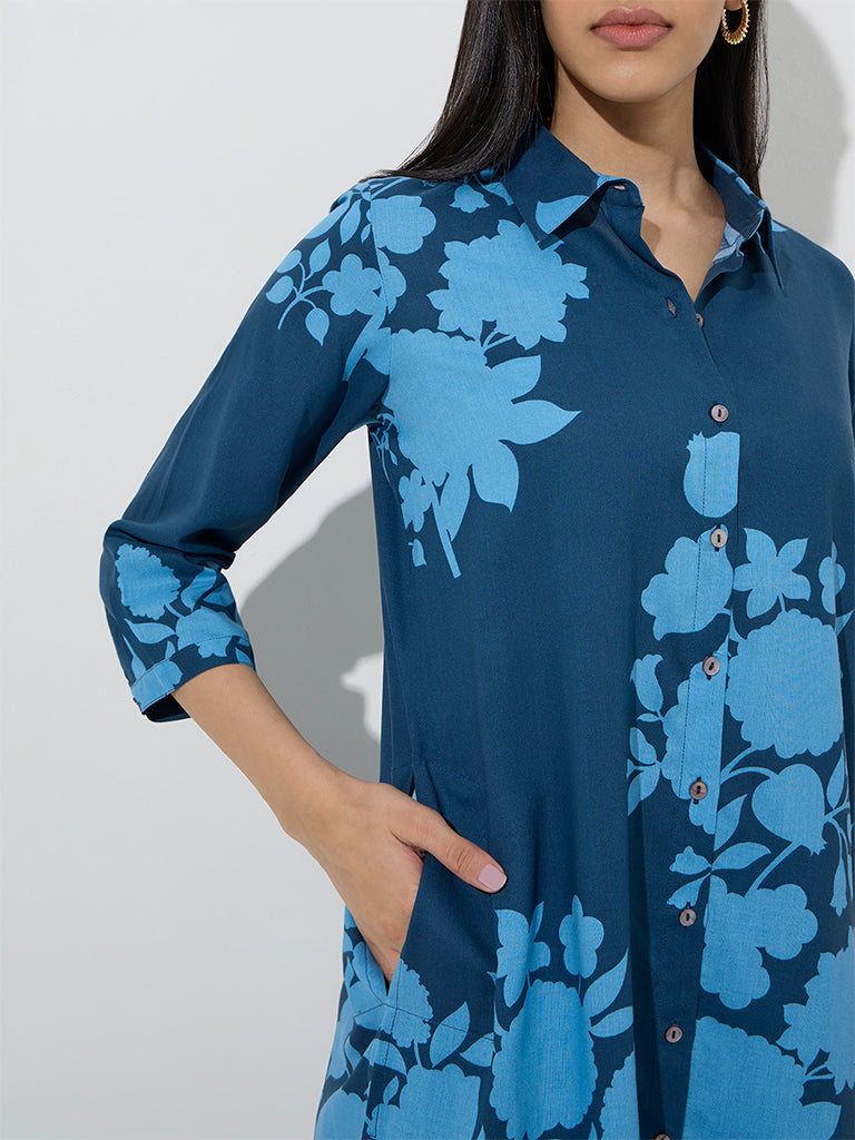 Utsa Indigo Floral Printed A-Line Kurta