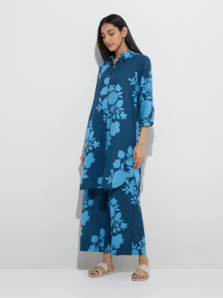 Utsa Indigo Floral Printed A-Line Kurta
