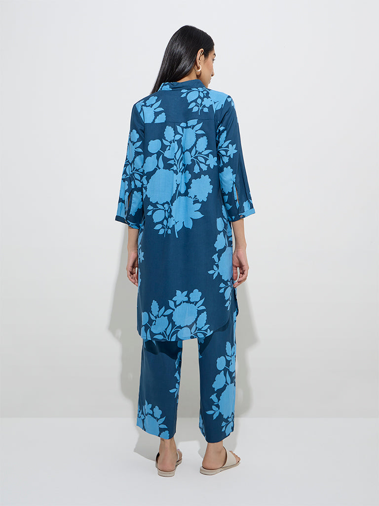 Utsa Indigo Floral Printed A-Line Kurta