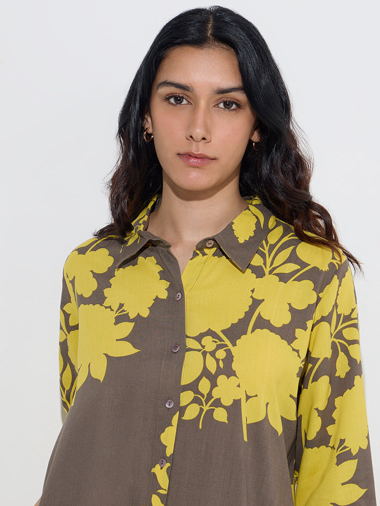 Utsa Mustard Floral Printed A-Line Kurta