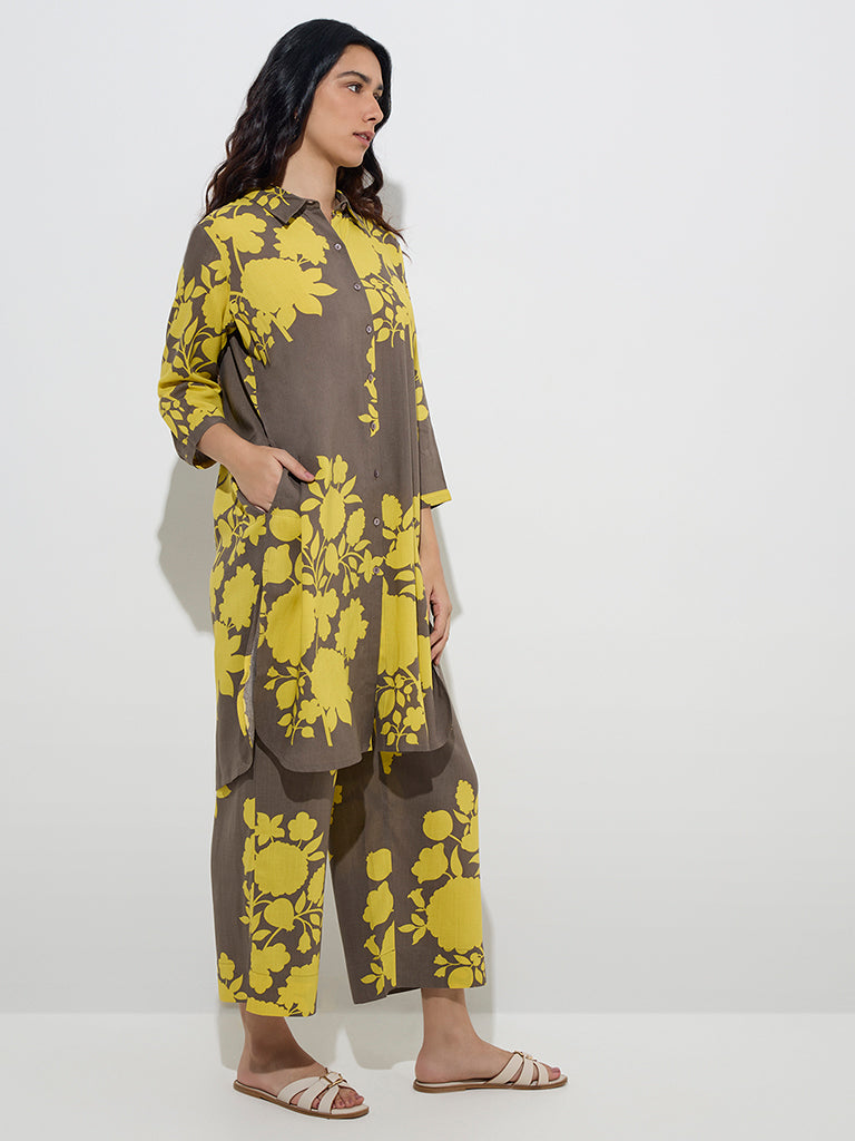Utsa Mustard Floral Printed A-Line Kurta