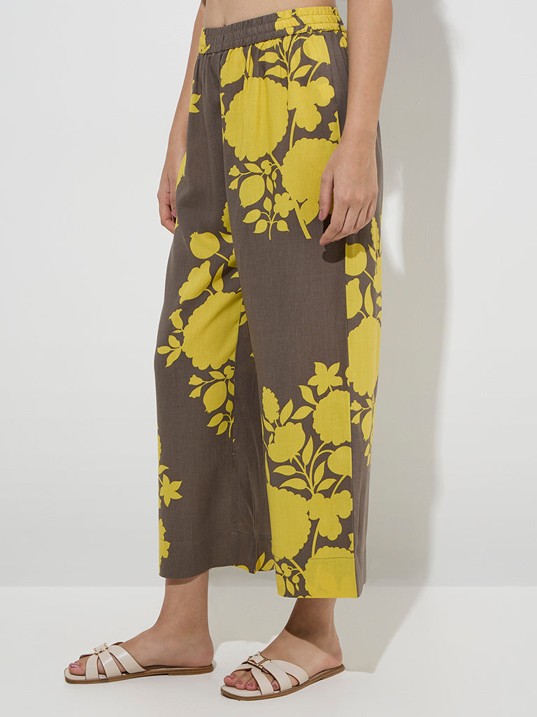 Utsa Mustard Floral Printed High-Rise Palazzos