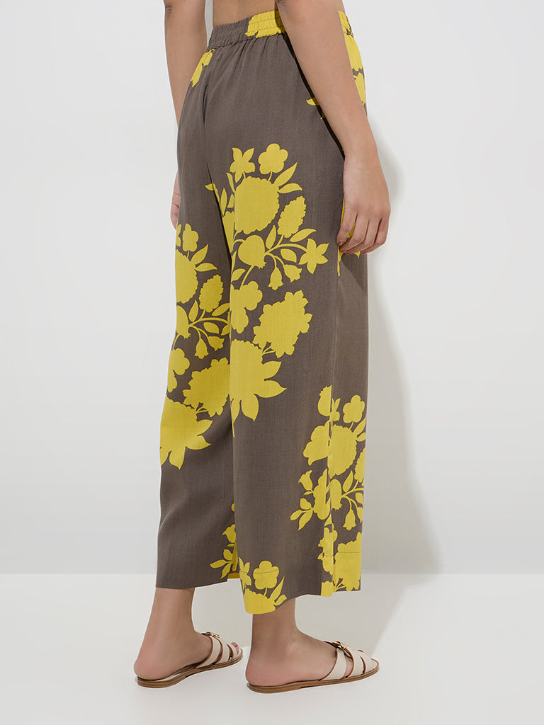 Utsa Mustard Floral Printed High-Rise Palazzos
