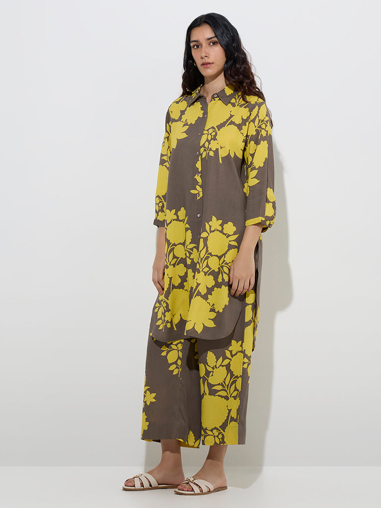 Utsa Mustard Floral Printed High-Rise Palazzos