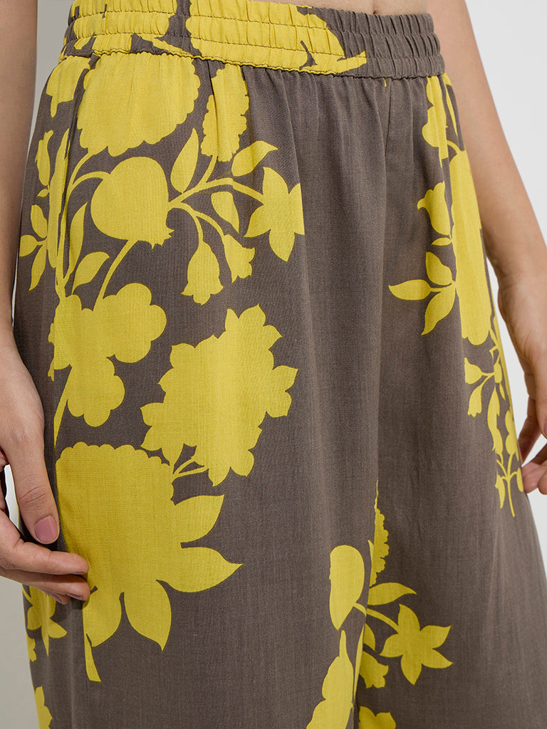 Utsa Mustard Floral Printed High-Rise Palazzos