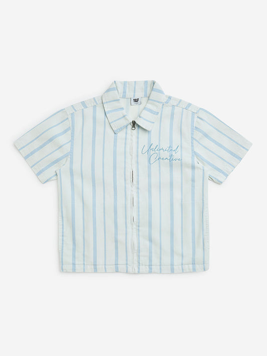 Y&F Kids Blue Stripe Printed Resort-Fit Cotton Shirt