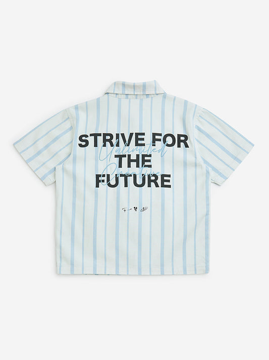 Y&F Kids Blue Stripe Printed Resort-Fit Cotton Shirt